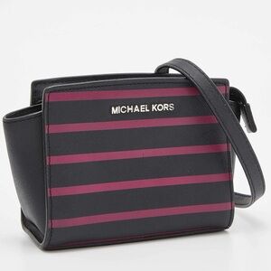 Michael Kors Saffiano Leather Mini Selma Crossbody Bag Black Stripes purse